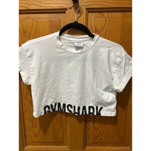 Gymshark Womens XS White Cropped T-Shirt Black Logo Graphic Gym Activewear Top